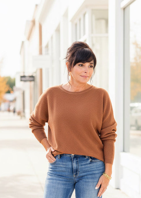 Camel Waffle Knit Dolman Sleeve Top