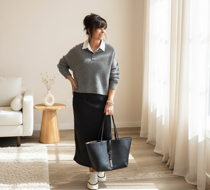 Gray Half Button Down Sweater - Jolie Femme Boutique