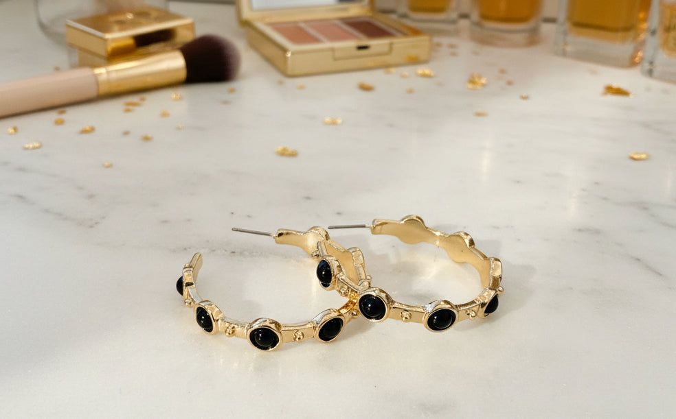 Black Studded Stone Gold Hoop Earring - Jolie Femme Boutique