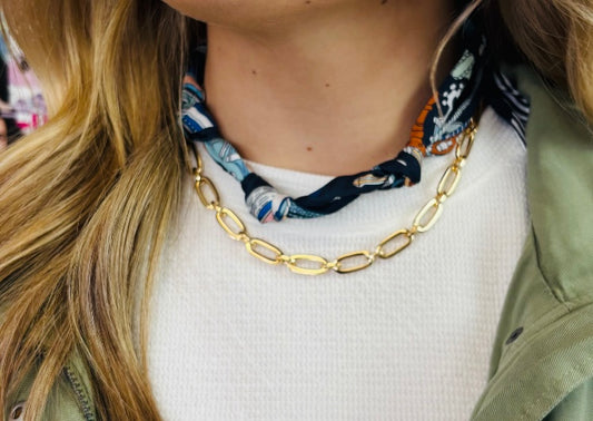 Navy Scarf Necklace W/ Gold Chain - Jolie Femme Boutique