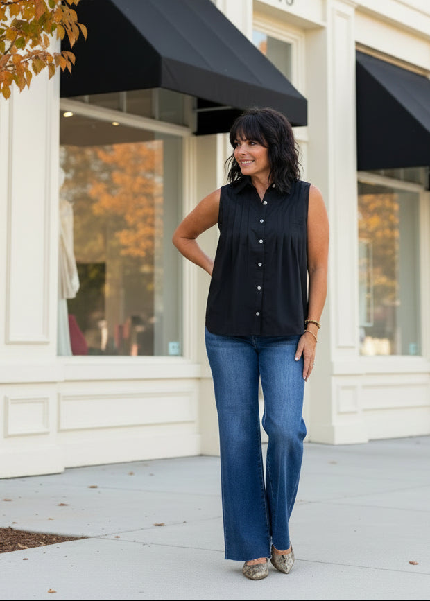 Black Sleeveless Pleated Button-Down Shirt