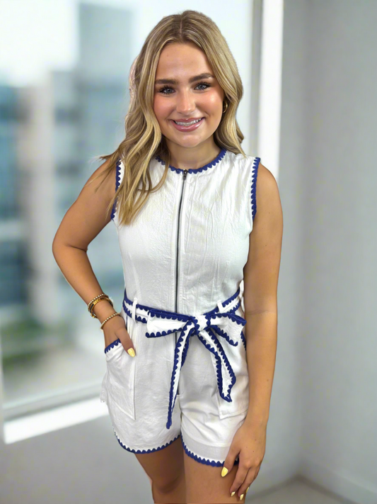 White Romper with Navy Embroidered Trim - Jolie Femme Boutique