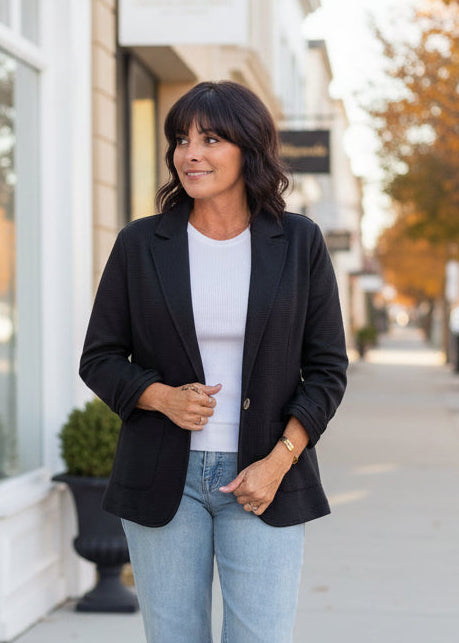 Black Textured Shirred Sleeve Blazer