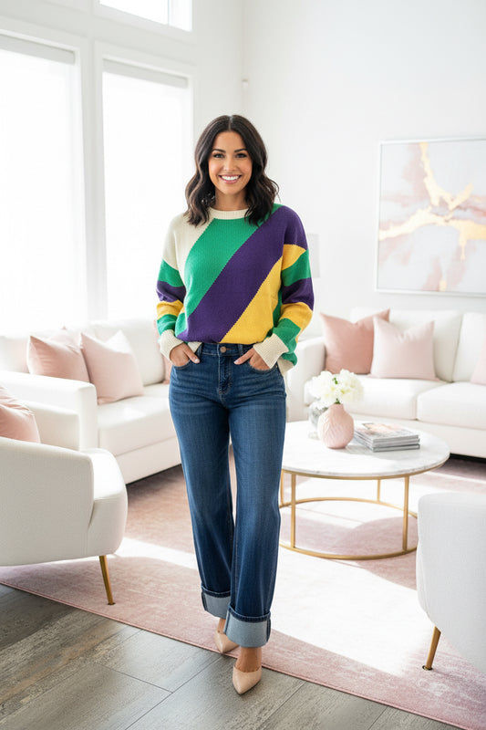 Color Block Stripe Mardi Gras Sweater