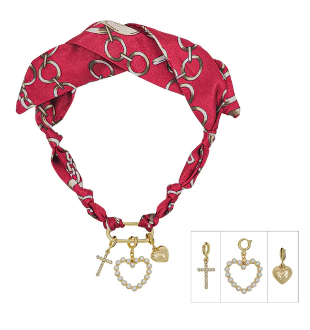 Red Scarf with Heart Charm - Jolie Femme Boutique