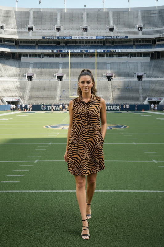 Tiger Print Button Down Dress with Pockets