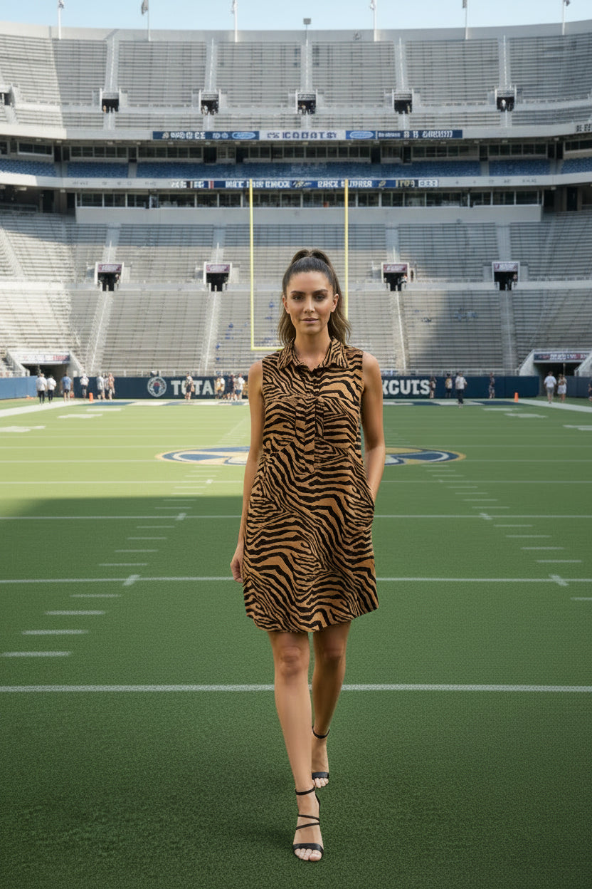 Tiger Print Button Down Dress with Pockets