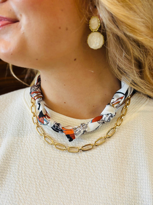 Cream/Brown Scarf Necklace W/ Gold Chain - Jolie Femme Boutique