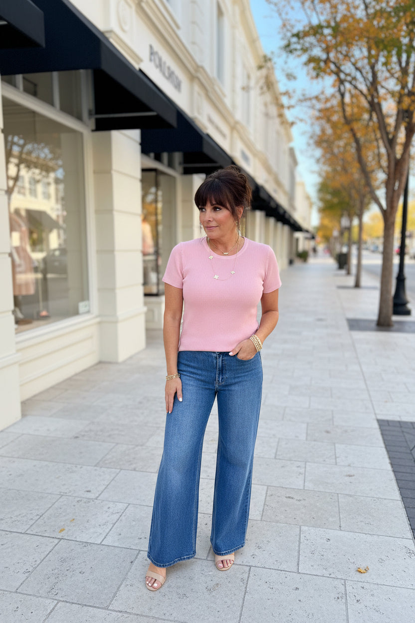 Soft Pink Crew Neck Ribbed Top - Jolie Femme Boutique