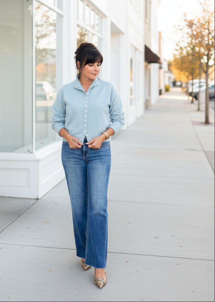 Soft Blue High Neck Button-Front Top