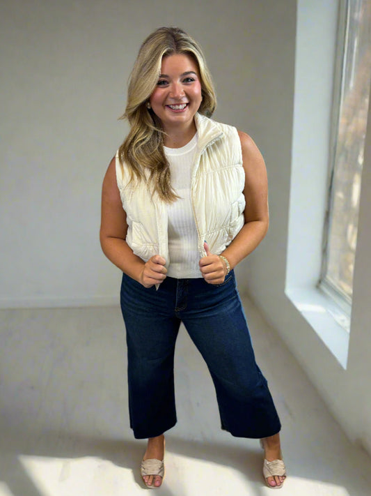 Ivory Zip Up Crop Puffer Vest - Jolie Femme Boutique