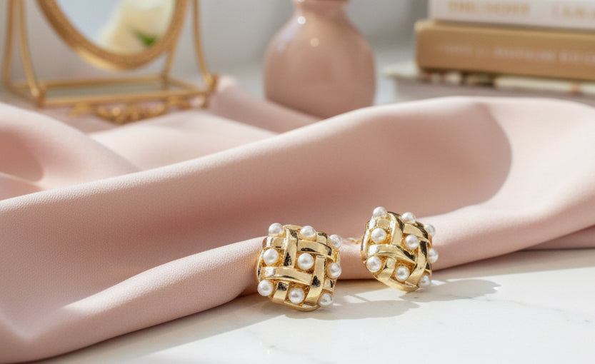 Gold Woven and Pearl Square Stud Earring - Jolie Femme Boutique