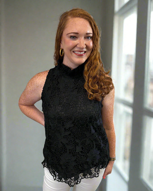 Black Ruffle Neck Sleeveless Lace Top - Jolie Femme Boutique