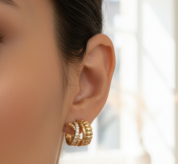 Layered Rhinestone & Gold Huggie Earrings