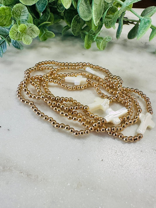 Gold Beaded Pearl Cross Stack