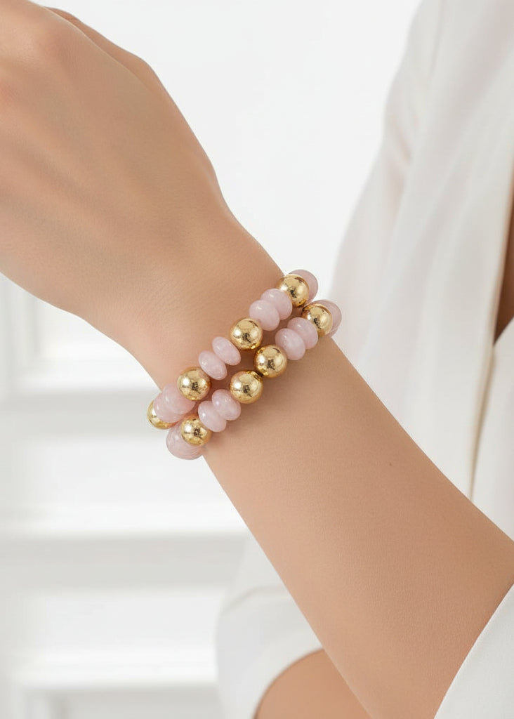 What's Hot - Set of 2 Light Pink and Gold Beaded Stretch Bracelets - Jolie Femme Boutique