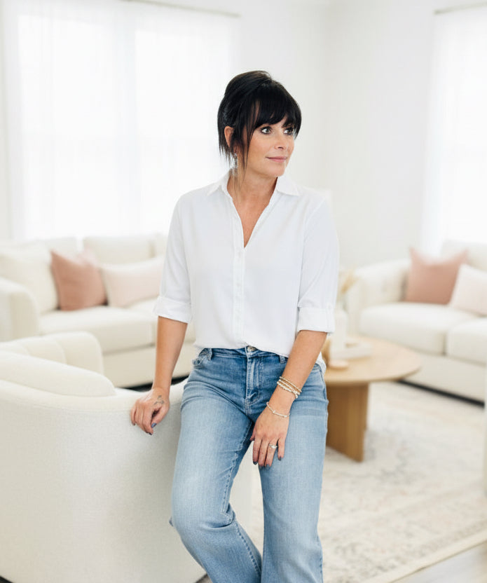 White V-Neck Button Up Long Sleeve Top - Jolie Femme Boutique