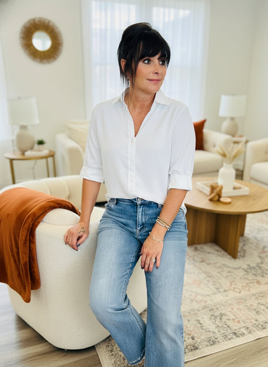 White V-Neck Button Up Long Sleeve Top