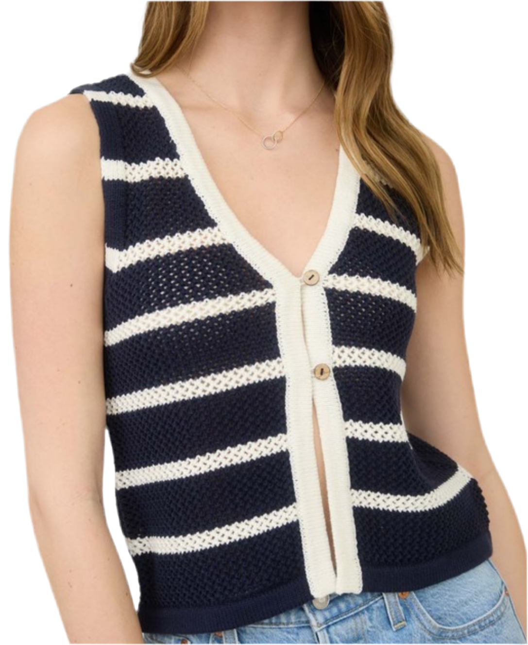 Stripe Button Front Vest Top- Navy