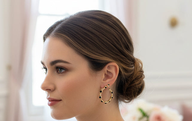 Black Studded Stone Gold Hoop Earring - Jolie Femme Boutique