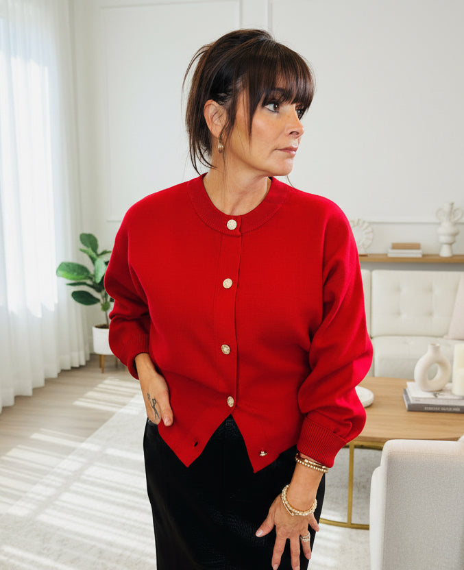 Red Jewel Button Down Cardigan - Jolie Femme Boutique