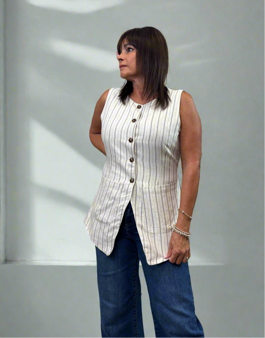 Ivory Tailored Striped Linen Vest