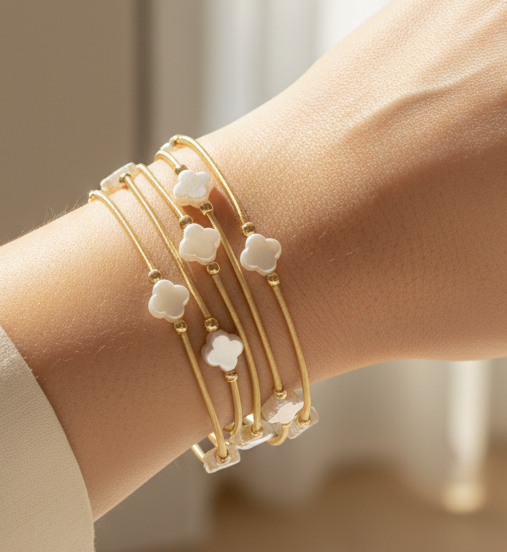 Gold Stretch Bracelet W/ Pearl Clover Accent