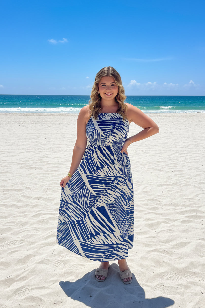 Blue & White Abstract Halter Midi Dress - Jolie Femme Boutique