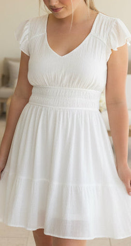 Solid Shirred Waist Mini Dress White - Jolie Femme Boutique