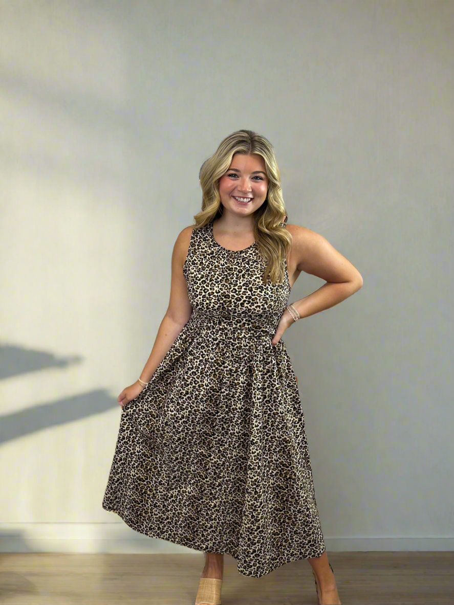Leopard Print Poplin Midi Dress