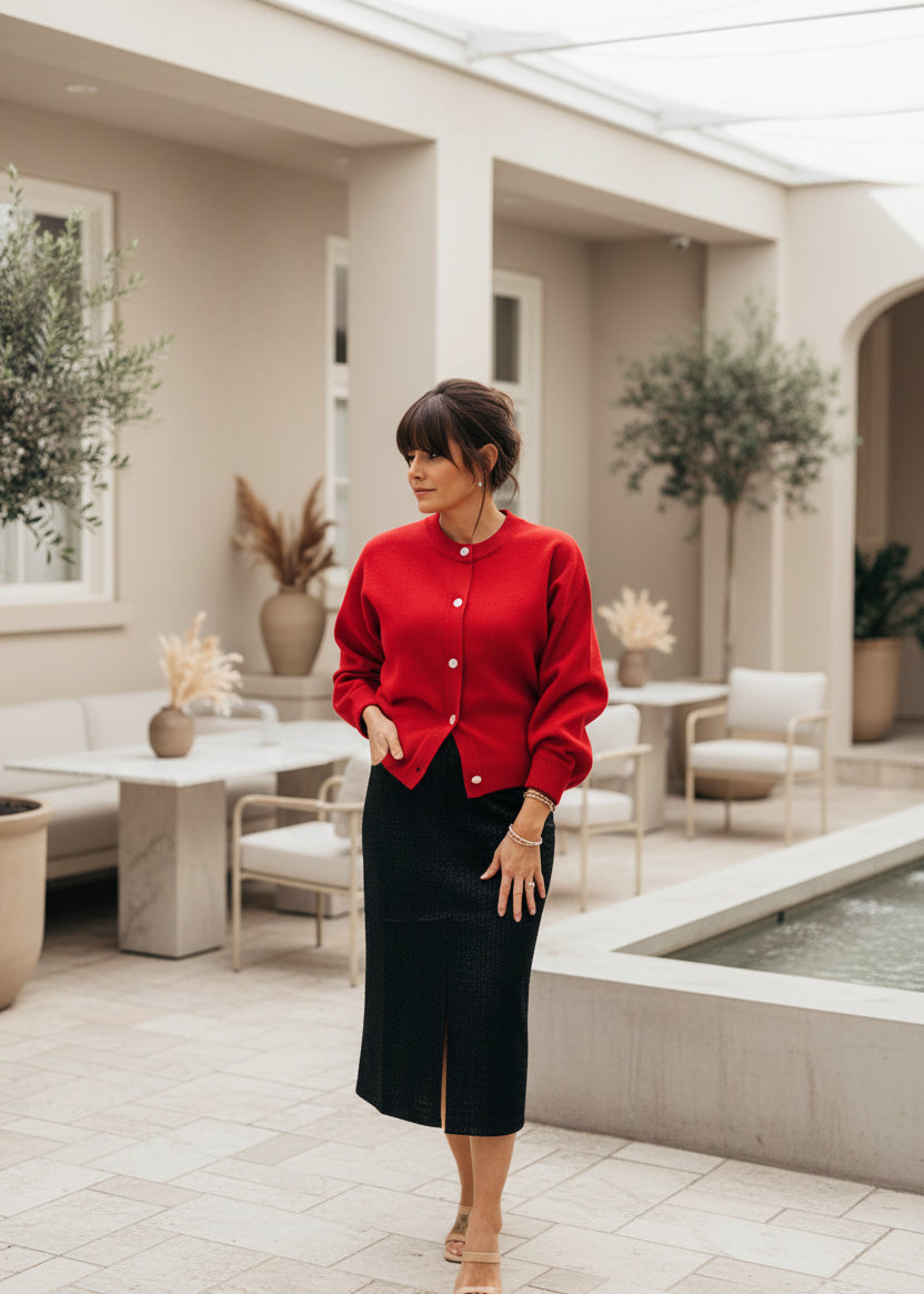 Red Jewel Button Down Cardigan - Jolie Femme Boutique