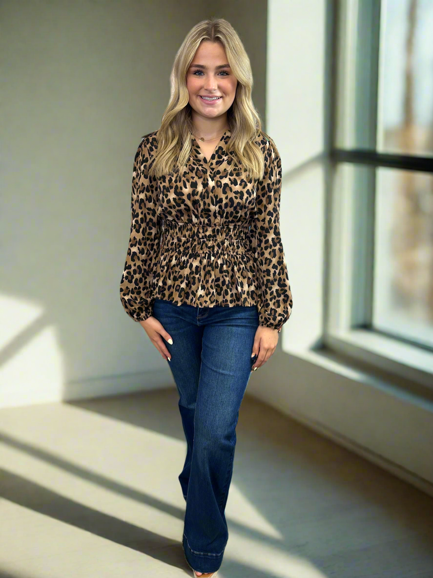 Leopard Print Long Sleeve Peplum Top - Jolie Femme Boutique