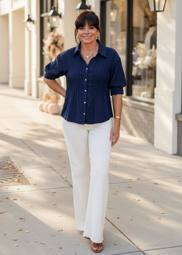 Dark Denim Pintuck Puff Sleeve Top