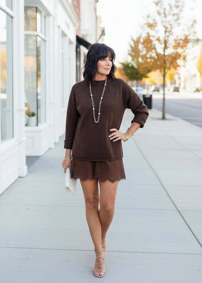 Chocolate Satin Lace Trim Shorts