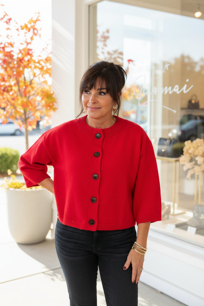 Red Half Sleeve Button Down Cardigan - Jolie Femme Boutique