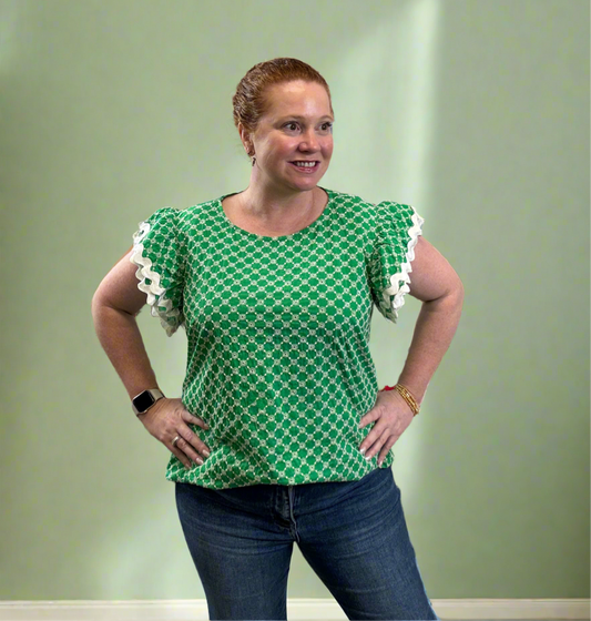 Plus Size Ruffle Sleeve W/Ric Rac Trim