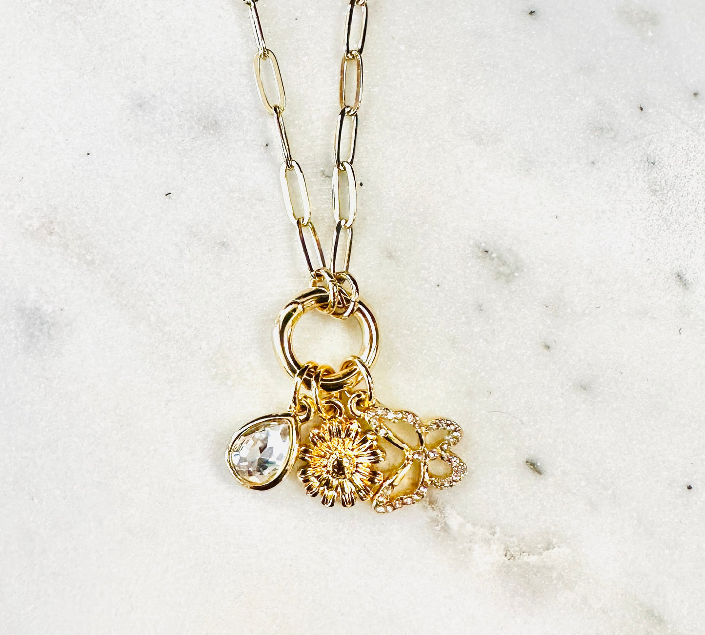 Gold Rhinestone Butterfly Charm Necklace