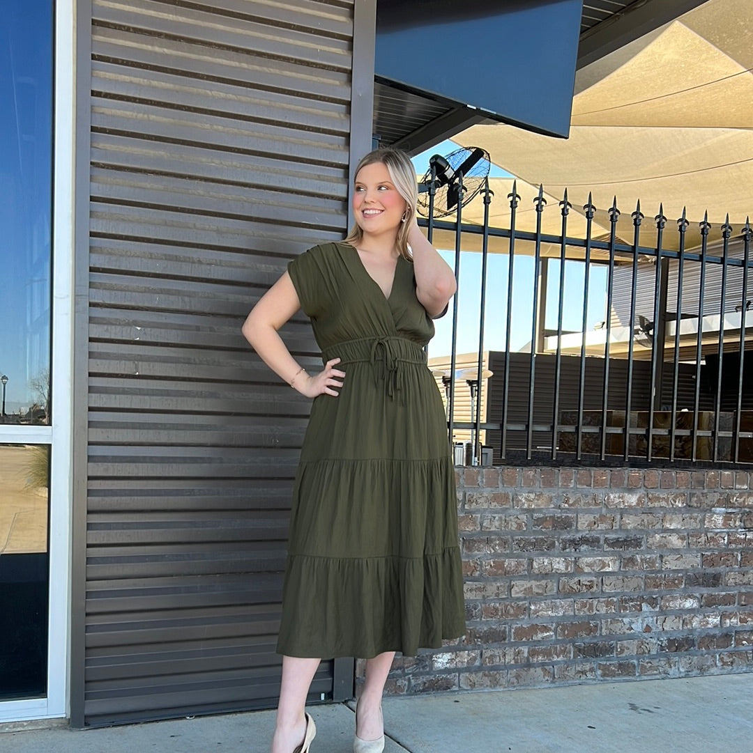 SURPLICE ELASTIC WAIST DRESS OLIVE - Jolie Femme Boutique