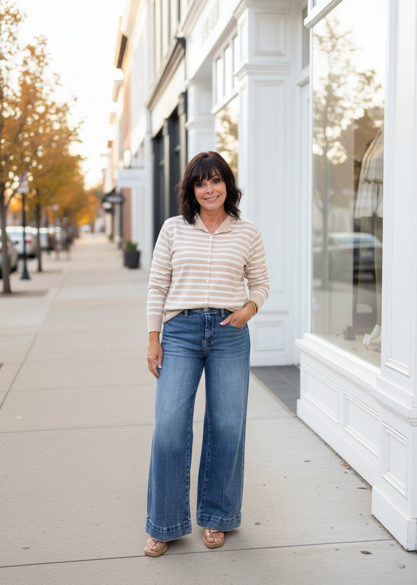 Sand Stripe Fine Gauge Mock Neck Cardigan