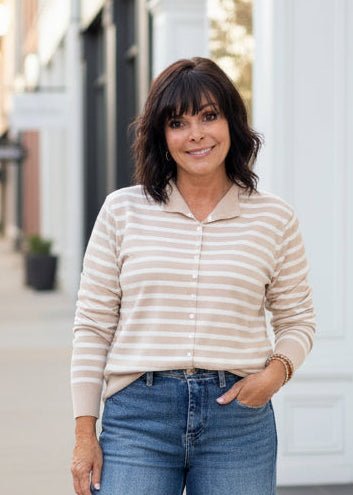 Sand Stripe Fine Gauge Mock Neck Cardigan