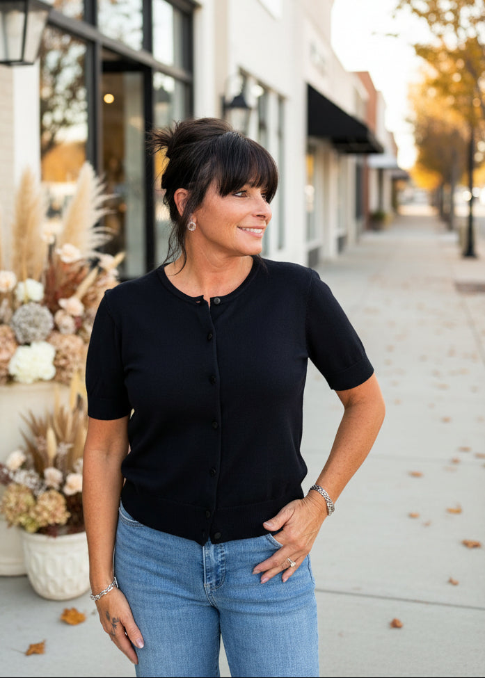 Black Round Neck Button Down Cardigan
