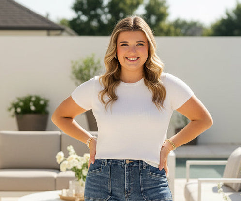 White Crew Neck Ribbed Top - Jolie Femme Boutique