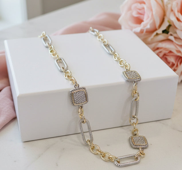 36" Two Tone Cable Pave Square Necklace - Jolie Femme Boutique