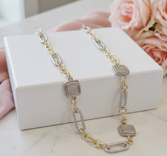 36" Two Tone Cable Pave Square Necklace - Jolie Femme Boutique