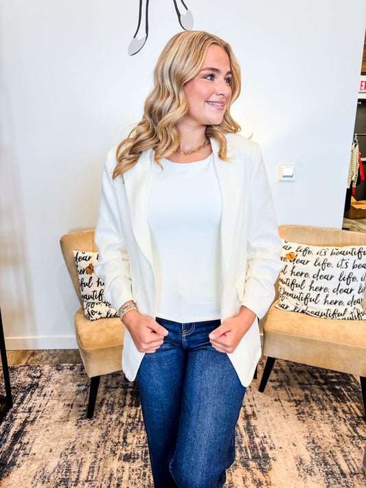 White Textured Open Front Blazer