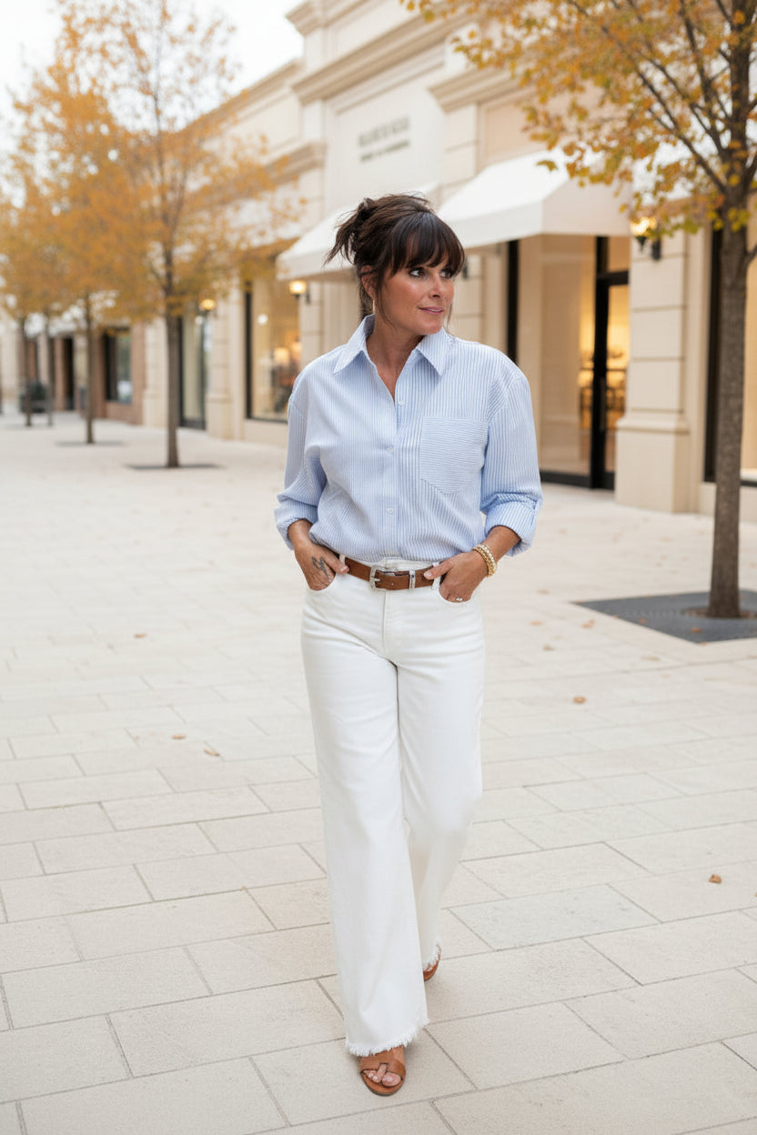 Blue and White Stripe Button Down - Jolie Femme Boutique