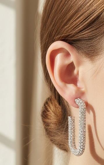 Silver Rhinestone Oval Hoop Earring