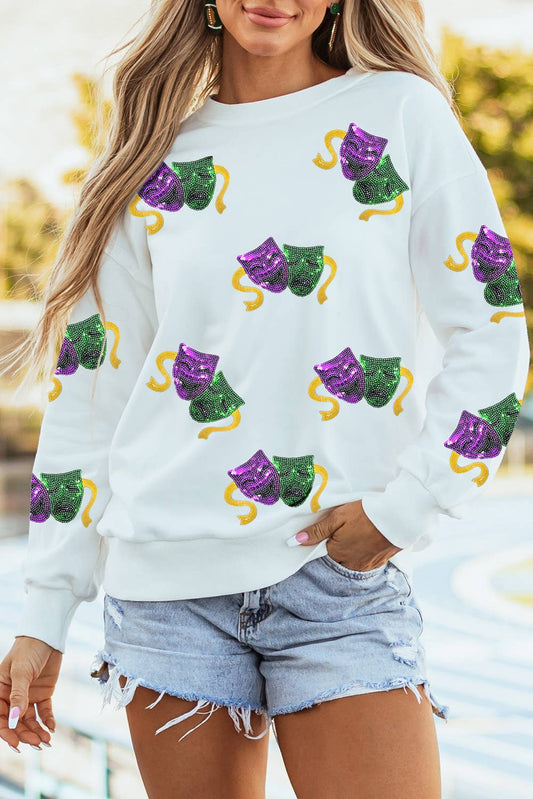 PREORDER- Sequined Mardi Gras Mask Pattern Sweatshirt