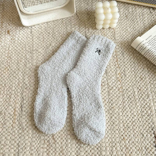 MKS America - Fluffy Bow Ribbon Coral Fleece Socks - BlueGrey / M - Jolie Femme Boutique