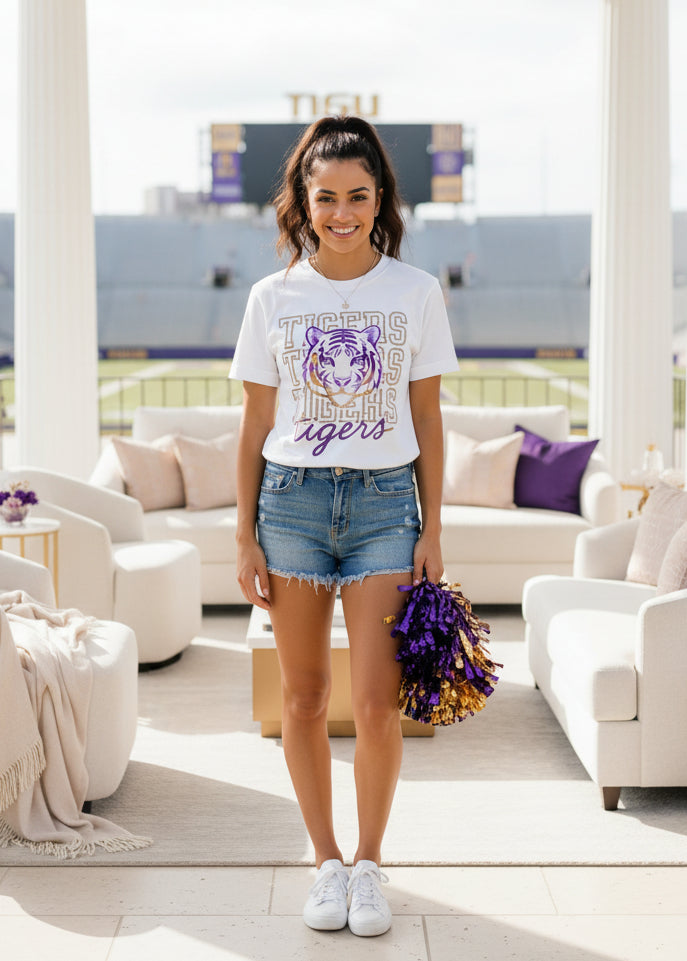 TheKingShirt - LSU Tiger Head Game Day Shirt - Purple and Gold - T-shirt / White / S - Jolie Femme Boutique